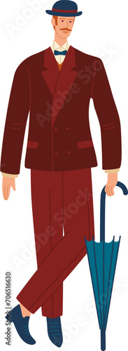 Elegant man in vintage suit with bowler hat and umbrella. Retro style male character standing, classic gentleman attire, vector illustration.