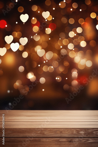 Wooden table with hearts bokeh background. Valentines day concept.