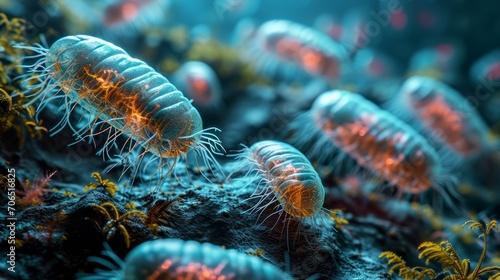 A microscopic image showing a group of transparent microorganisms, possibly bacteria or ciliates, with flagella, floating in an aquatic environment. photo
