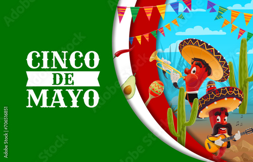 Cinco de Mayo mexican holiday paper cut banner. Cartoon mariachi musician peppers characters playing guitar and trumpet. Chili vector personages, sombrero and maracas with 3d papercut borders