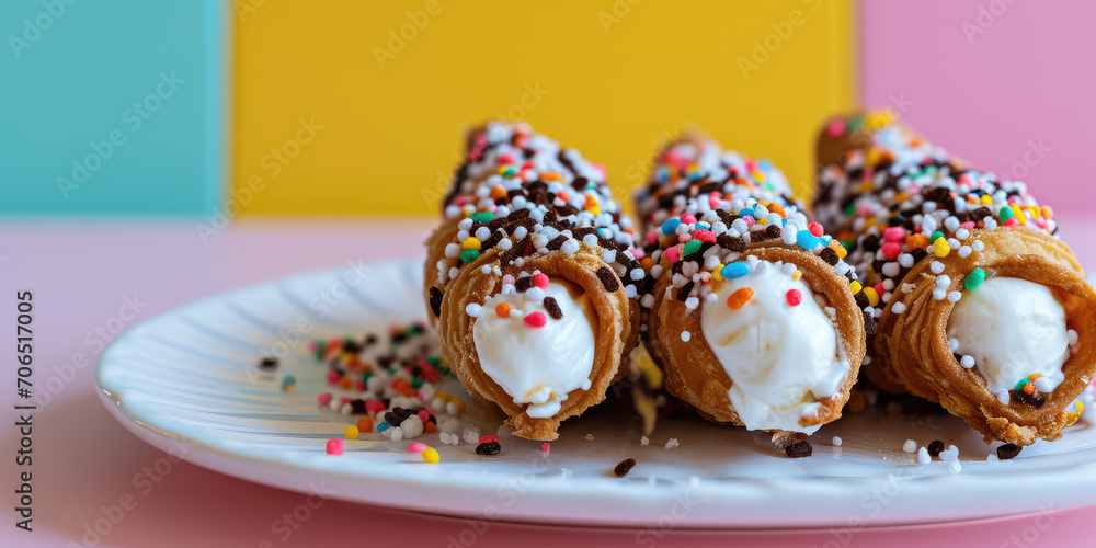 Cannoli with sprinkles, a traditional Sicilian dessert on the light table. Crispy waffle tube filled with cheese, soaked in syrup, liqueur wine or rosewater.