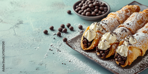 Cannoli with sprinkles, a traditional Sicilian dessert on the light table. Crispy waffle tube filled with cheese, soaked in syrup, liqueur wine or rosewater. photo