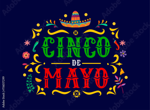 Cinco de Mayo mexican holiday banner. Traditional latin carnival background, Mexican national party flyer or Cinco de Mayo festival vector banner with sombrero hat, mexican typography, flower ornament
