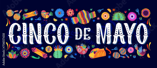 Cinco de Mayo holiday poster with Mexican food, flowers and birds for fiesta, vector background. Cinco de Mayo celebration banner with cartoon Mexican burrito and maracas, chili and jalapeno pepper
