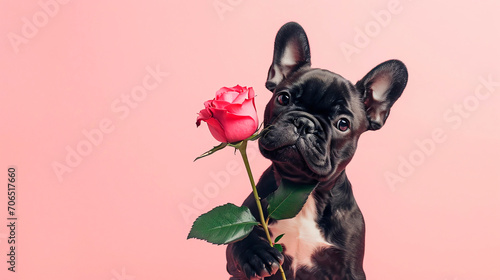 A cute puppy holds a red rose in his paws on a light pink background. Congratulations on Valentine's Day.