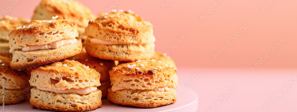 Scones is a British sweet pastry for tea. Crispy wheat flour cookies on minimal table with copy space. A close-up of a scone dessert.