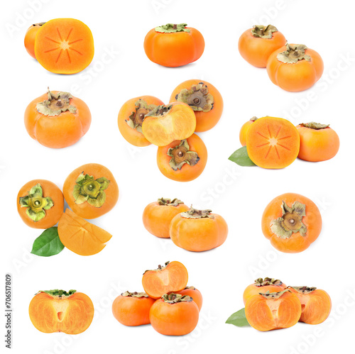 Fresh persimmon fruits isolated on white, collection