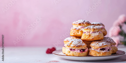 Scones with cream filling is a British sweet pastry for tea. Crispy wheat flour cookies on minimal table with copy space. A close-up of a scone dessert.