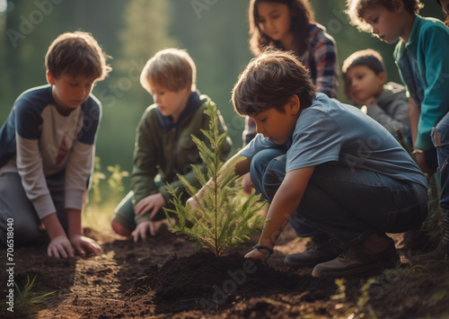 Сhildren plant trees, environmental education generative AI