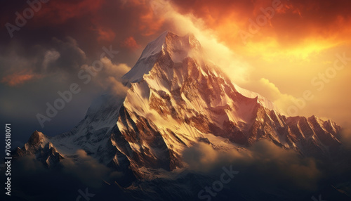 Inspiring mountain peak at sunrise with dramatic clouds, 7:4