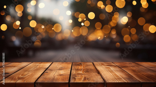 Wooden table in front of abstract blurred background with bokeh lights.