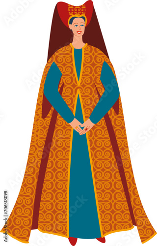 Smiling woman in traditional medieval dress with headdress. Female historical figure costume illustration.