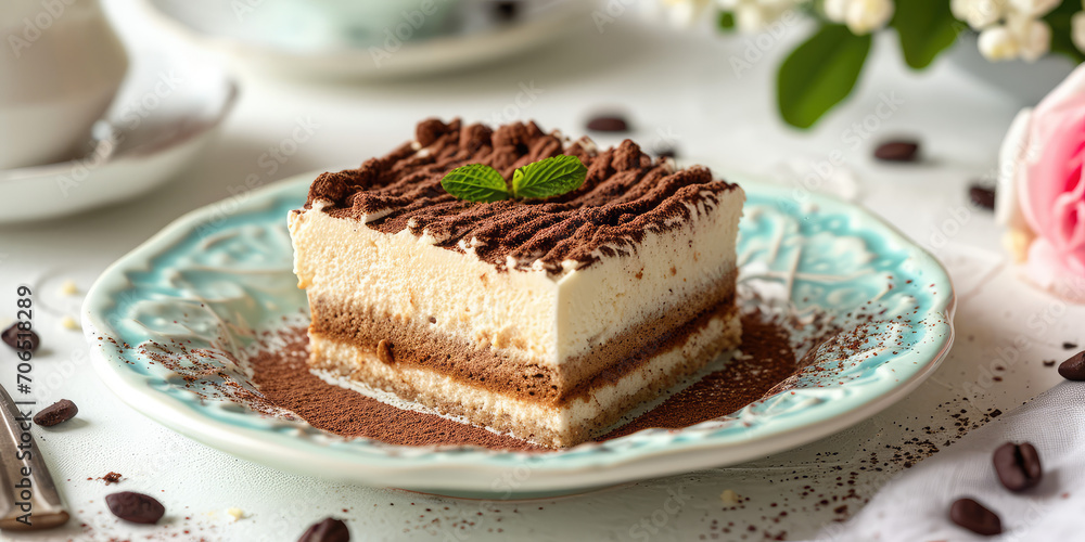 Square slice of classic tiramissu cake with mint leaves in chocolate sprinkles on a light pastel table. Italian layered dessert in a cut. Square slice of classic tiramissu cake with mint leaves in chocolate sprinkles on a light pastel table. Italian layered dessert in a cut.