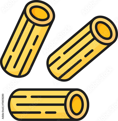 Raw italian Rigatoni pasta isolated color Italian food icon. Vector rigatone marinara, rigaton healthy natural food of Italian cuisine