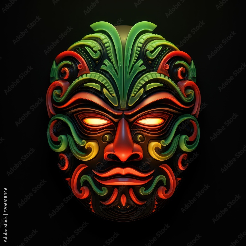 Naklejka premium Traditional Japanese Mask Yellow, Red and Green Colors