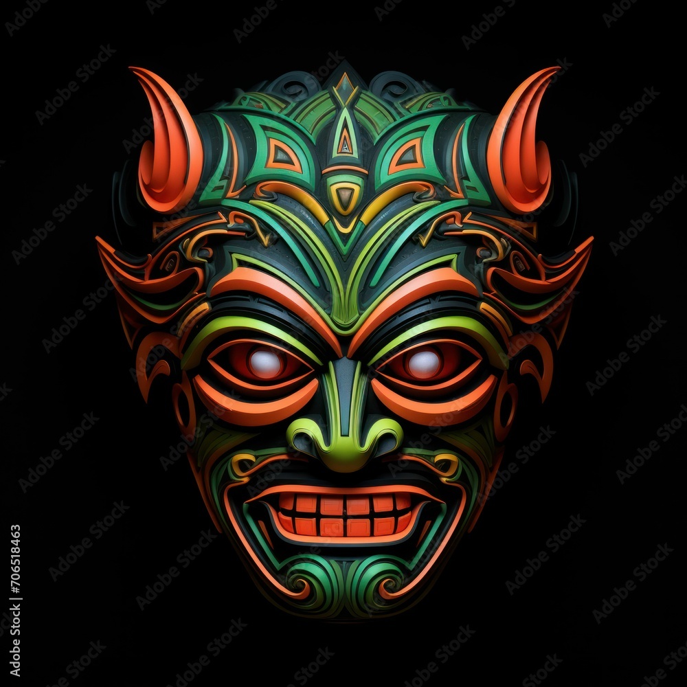 Naklejka premium Traditional Japanese Mask Yellow, Red and Green Colors