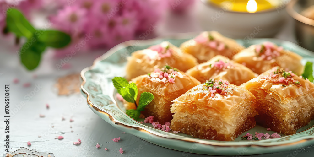 Turkish baklava on a light color table. Traditional delicious Turkish baklava sweet. Classic dessert closeup. Turkish baklava on a light color table. Traditional delicious Turkish baklava sweet. Classic dessert closeup.