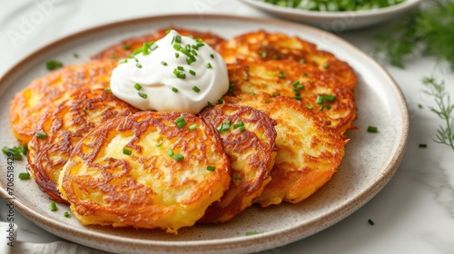 Food photography, deruny (potato pancakes), golden and crispy, with a sour cream dollop in motion on a marble stone surface