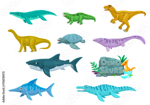 Cartoon dinosaurs prehistoric animals characters. Paleontology reptiles funny vector mascots. Kronosaurus, Hyperodapedon, Allosaurus and Vulcanodon, Archelon, Tylosaurus dinosaurs cute personages