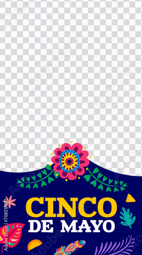 Cinco de Mayo mexican holiday social media post template. Vector tropical plant flowers and leaves bright color pattern with wavy border line and transparent background, Mexico fiesta web banner