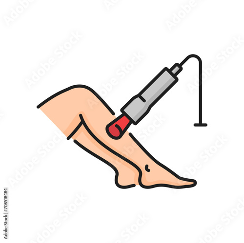 Ultrasound treatment of woman legs isolated color line icon. Vector edema and swelling legs, phlebologist and laser, diagnosis of thrombosis