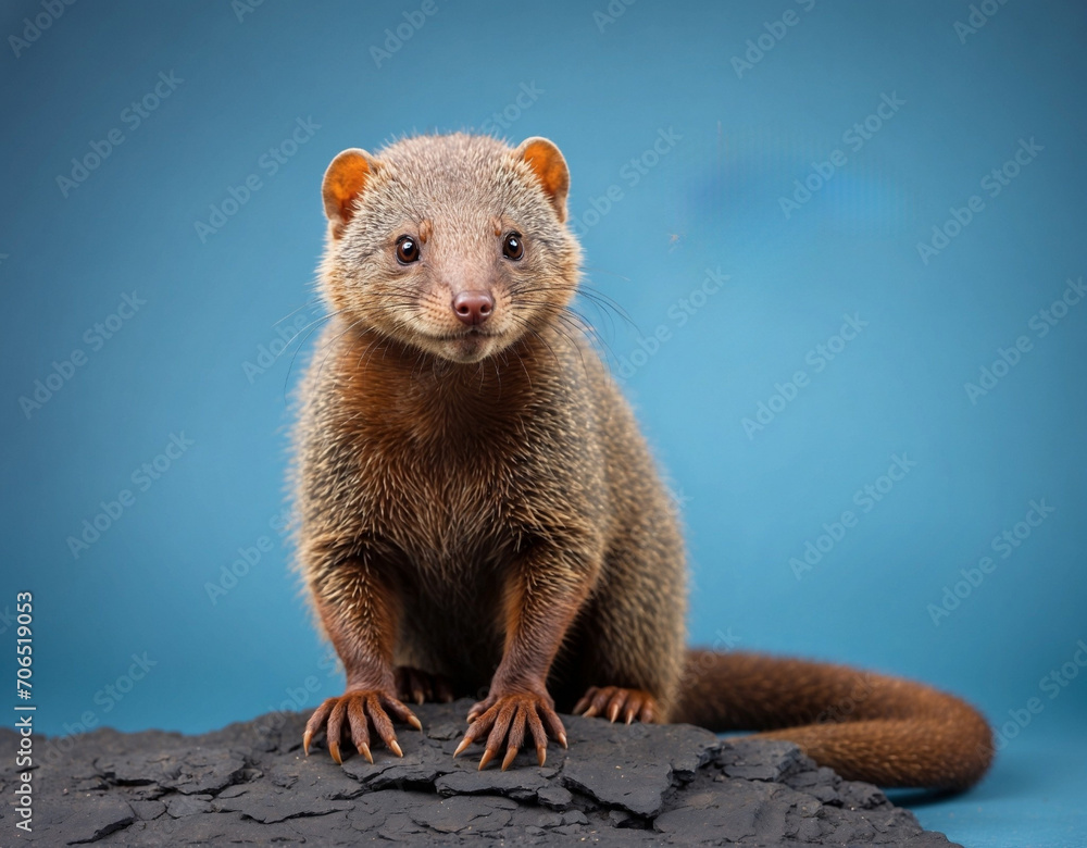 Dwarf mongoose. Isolated on blue pastel background Dwarf mongoose. Isolated on blue pastel background