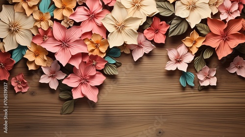 Fototapeta Naklejka Na Ścianę i Meble -  3d illustration , wooden planks background with beautiful flowers on background , custom wallpaper design. Generative Ai
