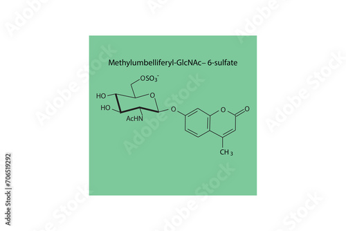 Molecular structure diagram of Methylumbelliferyl-GlcNAc−6-sulfate green Scientific vector illustration.
