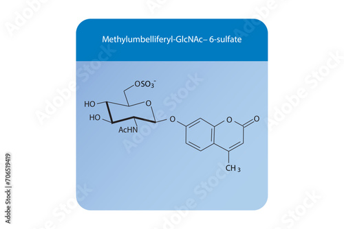 Molecular structure diagram of Methylumbelliferyl-GlcNAc−6-sulfate blue Scientific vector illustration.