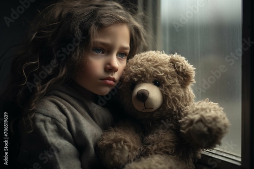 A sad little girl with a teddy bear sits by the window and is sad, the concept of children's mental health