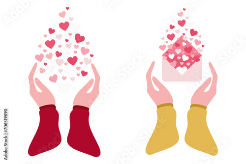 Cartoon hands with envelope and flying out hearts. Vector Flat illustration of health, insurance, solidarity. Hands give donate, help, gift. Template for Poster, Valentine day card, Romantic, Empathy.