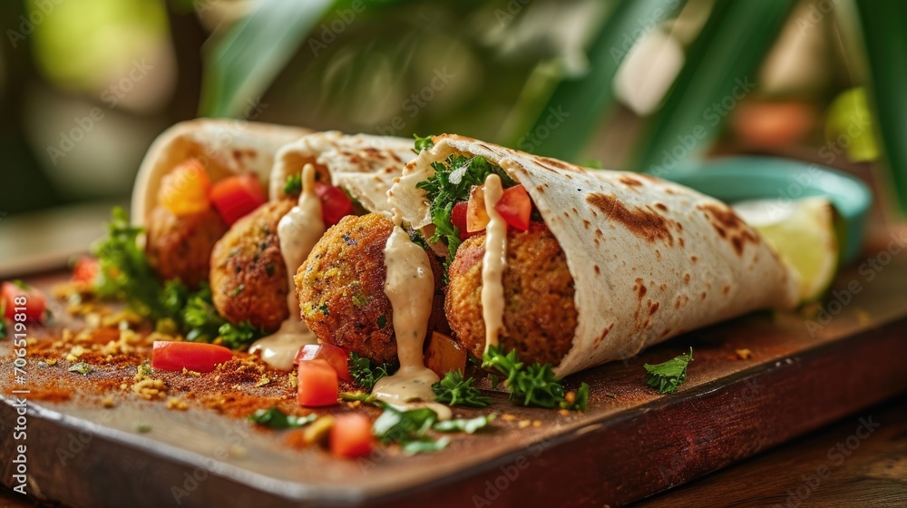 Food photography, falafel wrap with a burst of tahini, on a tropical palm leaf background - obrazy, fototapety, plakaty 