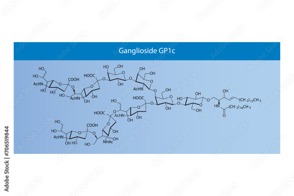 Naklejka premium Molecular structure diagram of Ganglioside GP1c blue Scientific vector illustration.