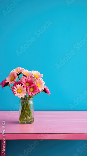 Pink daisies in a glass vase on a blue background.