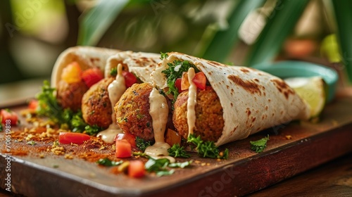 Food photography, falafel wrap with a burst of tahini, on a tropical palm leaf background photo