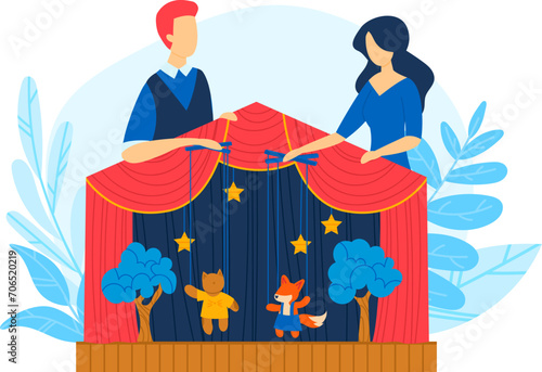 Two puppeteers control marionettes on stage, a fox and a bear, under a red curtain. Children s puppet theater performance vector illustration.
