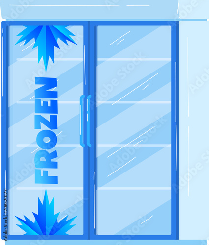 Blue commercial freezer with glass door and FROZEN sign. Supermarket frozen food section appliance vector illustration.