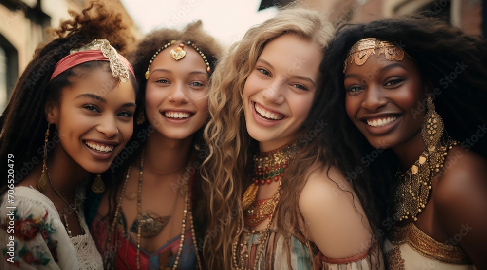 Obraz premium A group of happy motley smiling young women with flower wreaths on their heads, the concept of International Women's Day, spring and March 8, happy international girls.