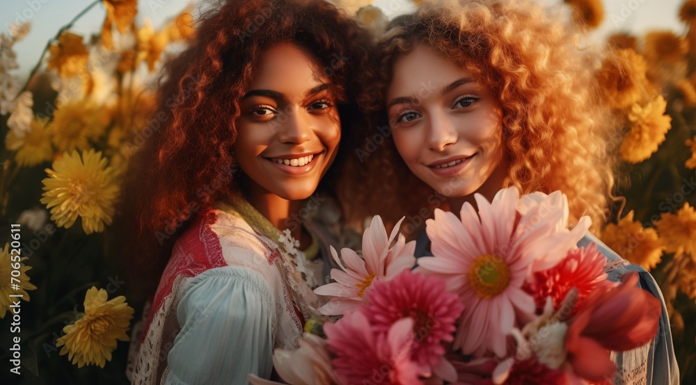 Portrait of two happy smiling young women of different nationalities in nature among flowers, the concept of women's day, spring and March 8