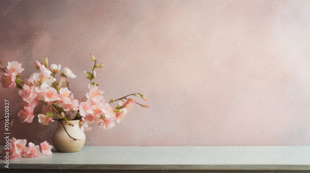 Pink cherry blossom in vase on wooden table with copy space.