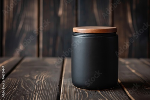 Matte black ceramic cookie jar on a dark wooden table