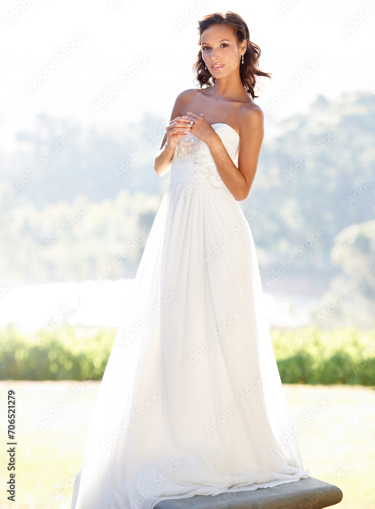Bride, woman and wedding dress in portrait with celebration outdoor, summer or spring with ceremony. Marriage, elegance and bridal garment for commitment and love, social event in nature park Bride, woman and wedding dress in portrait with celebration outdoor, summer or spring with ceremony. Marriage, elegance and bridal garment for commitment and love, social event in nature park