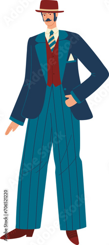 Stylish man in vintage suit and red hat standing confidently. Elegant gentleman with mustache in 1920s fashion. Retro men s style and fashion vector illustration.