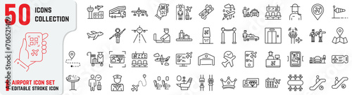 Airport Icon collections include tower, security check, web check-in, taxi, passport, lounge, ticket scanning, terminal, airplane, immigration, and pilot icons. Airport editable stroke icon photo