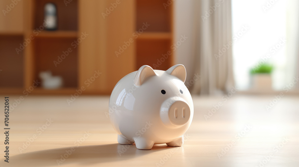 A white piggy bank on the floor, visually representing home loan, real estate investment, and the importance of savings in a household. A white piggy bank on the floor, visually representing home loan, real estate investment, and the importance of savings in a household.