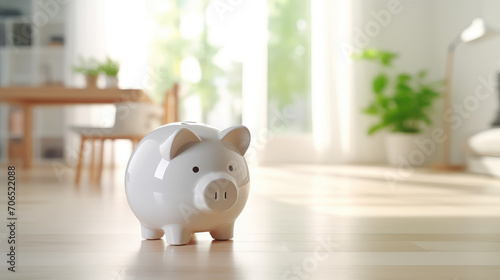 A white piggy bank on the floor, visually representing home loan, real estate investment, and the importance of savings in a household.