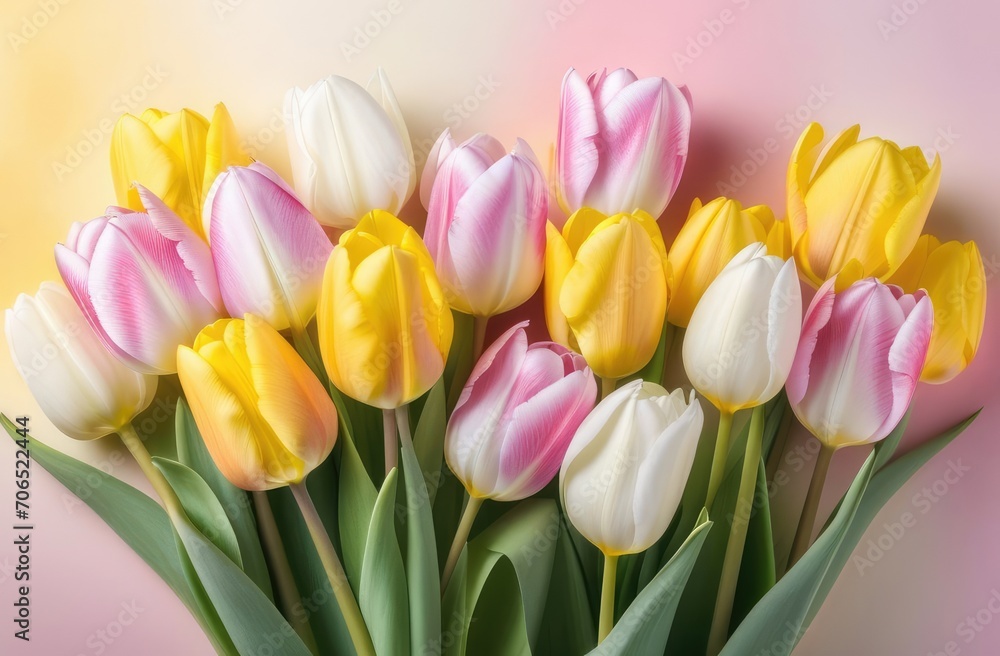 festive design, lively spring flowers bouquet. many tulips with blossom on colorful background