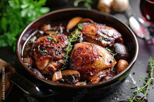 A coq au vin, a traditional French dish featuring braised chicken in red wine, mushrooms and herbs
