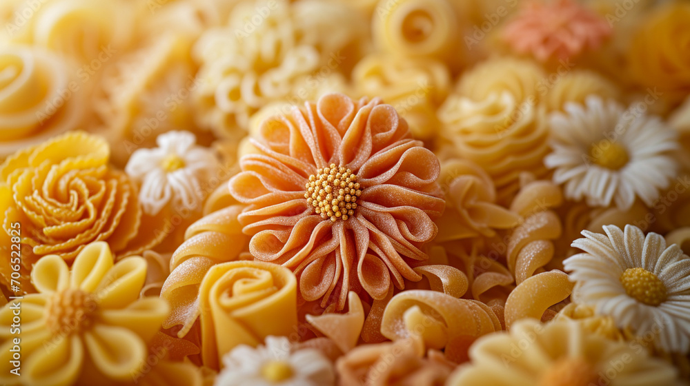 A depiction of a noodle flower bouquet, with various pasta shapes forming different flowers. A depiction of a noodle flower bouquet, with various pasta shapes forming different flowers.