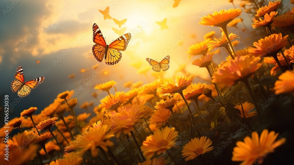 Autumn Marigold Field with Butterflies - AI Generated